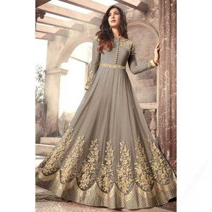 Battleship Grey Anarkali Suit Resham Embroidered Net Indian Outfit